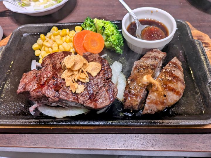 柔らかい特選ヒレステーキ200gとオニオンソースが付いたトッピングハンバーグ100gの全体写真