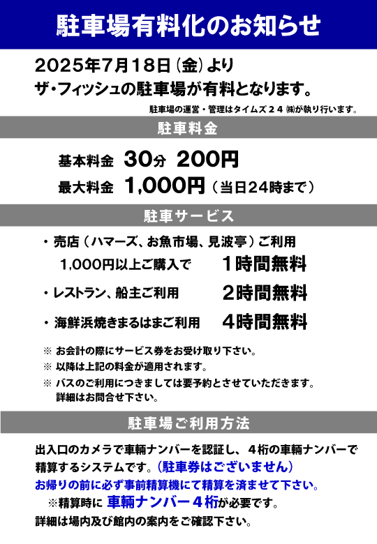 2025年7月から有料化されたザ・フィッシュの駐車料金システムと割引サービスの案内板