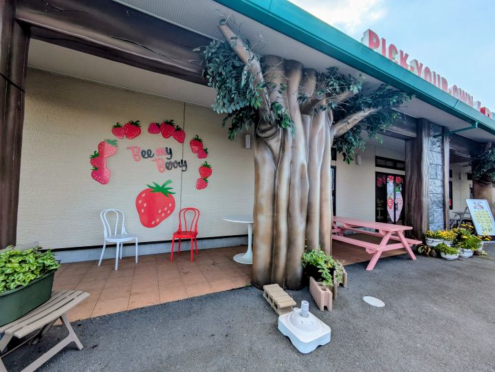 屋外のベンチと写真映えするフォトスポット
