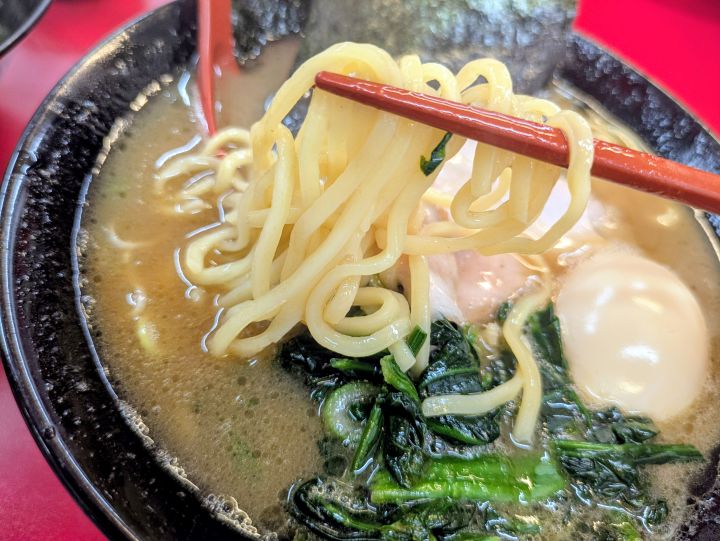 かわみ家のやや細めでもちもちした麺を箸で持ち上げたところ